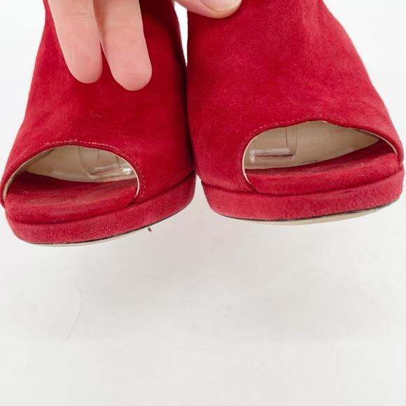 Jimmy Choo Farah Red Suede Crystal Trim Peep Toe Platform Sandal Heel IT 38.5 - Picture 7 of 14